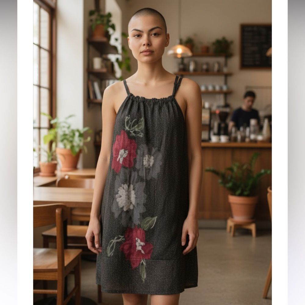 FANG, medium, tunic, sleeveless, rayon and metallic, beautiful floral design
